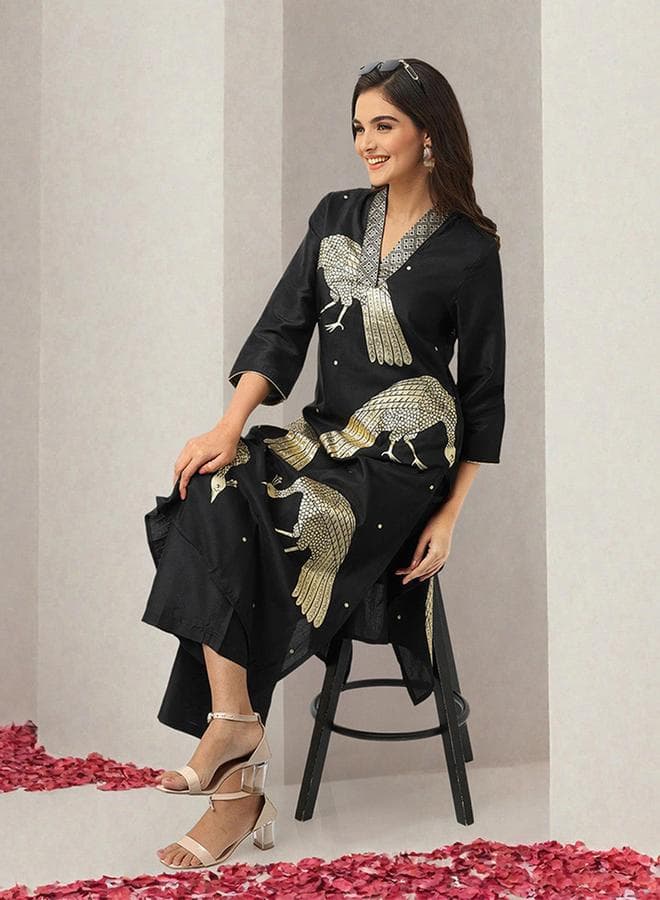 Black Printed Polyester Tunic Top and Palazzo Kurta Set - Image 1