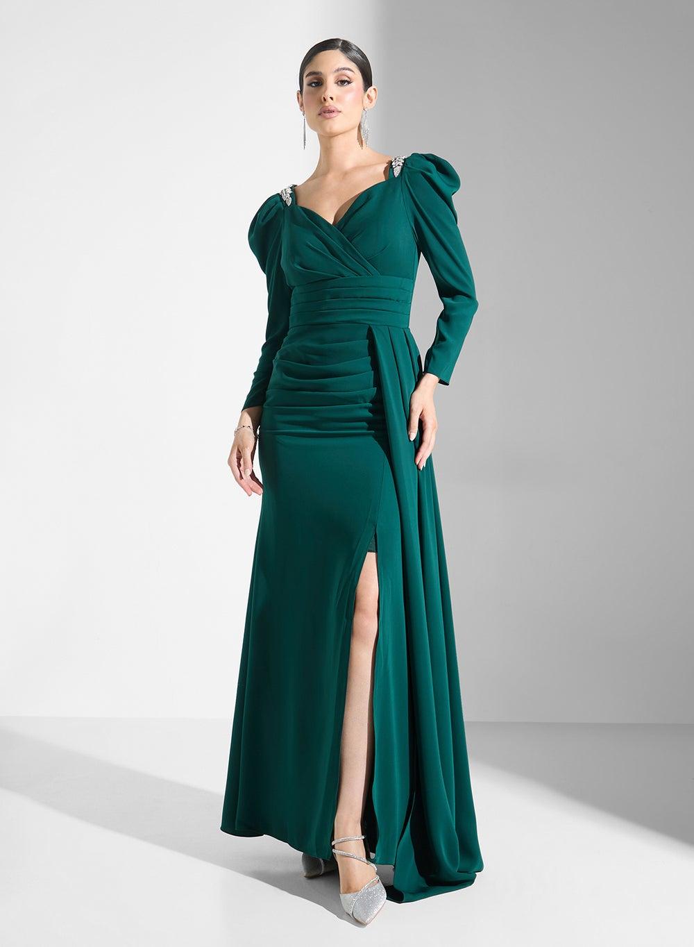 Emerald Evening Dress with V-Neck and Slit - Image 1