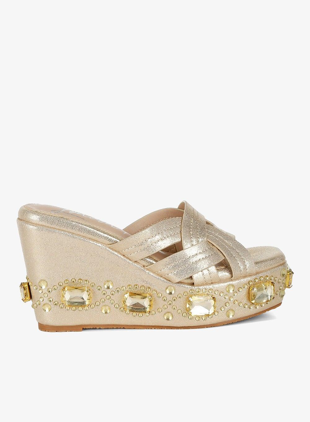 Gold Chunky Diamante Cut-Out Wedge Sandals - Image 1