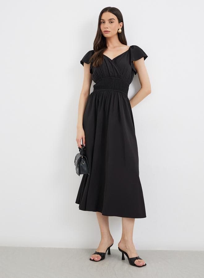 Solid Smocked Waist V-Neck Midi Dress - Image 1