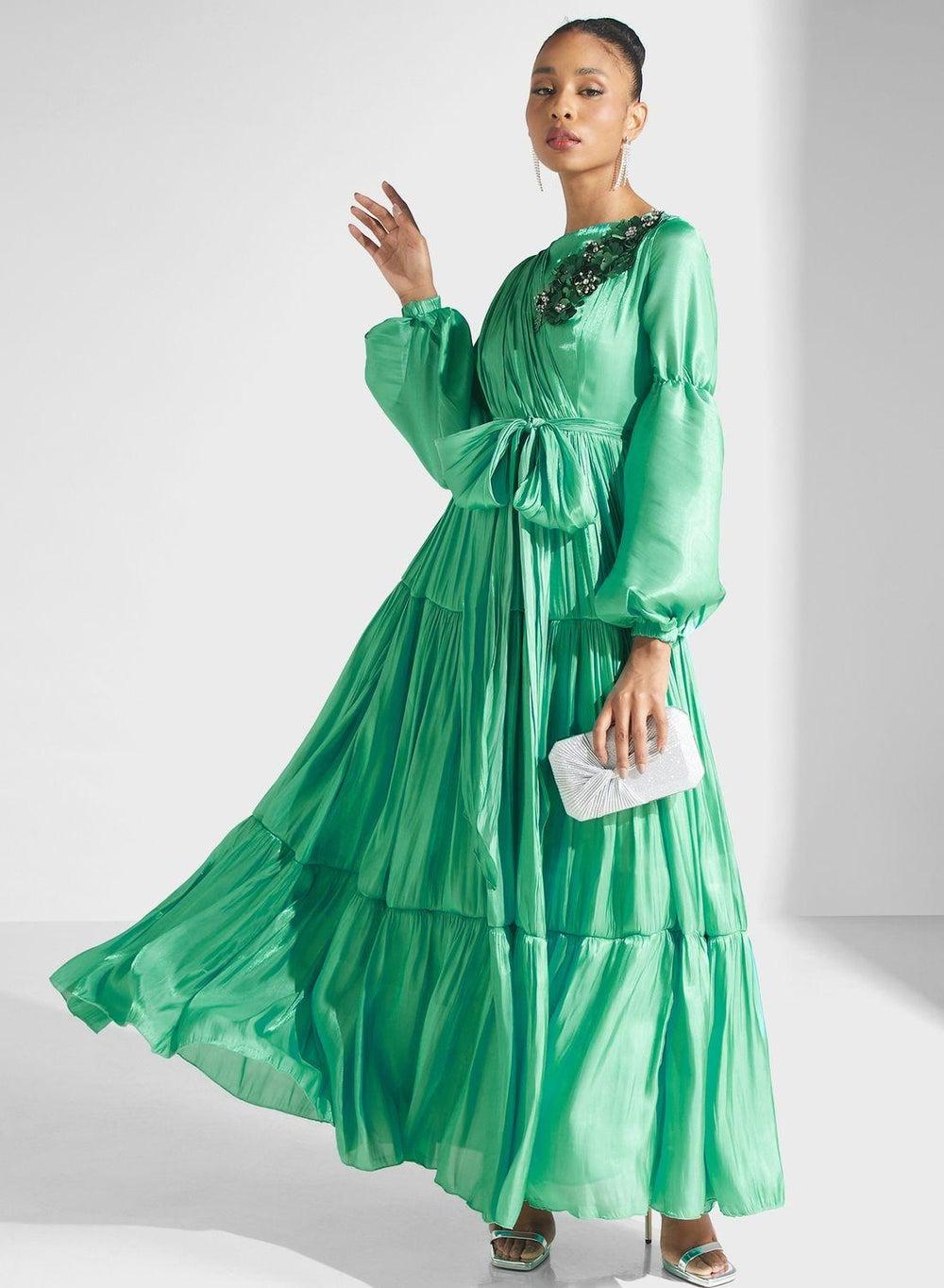 Tiered Green Floor-Length Dress with Floral Bodice - Image 1