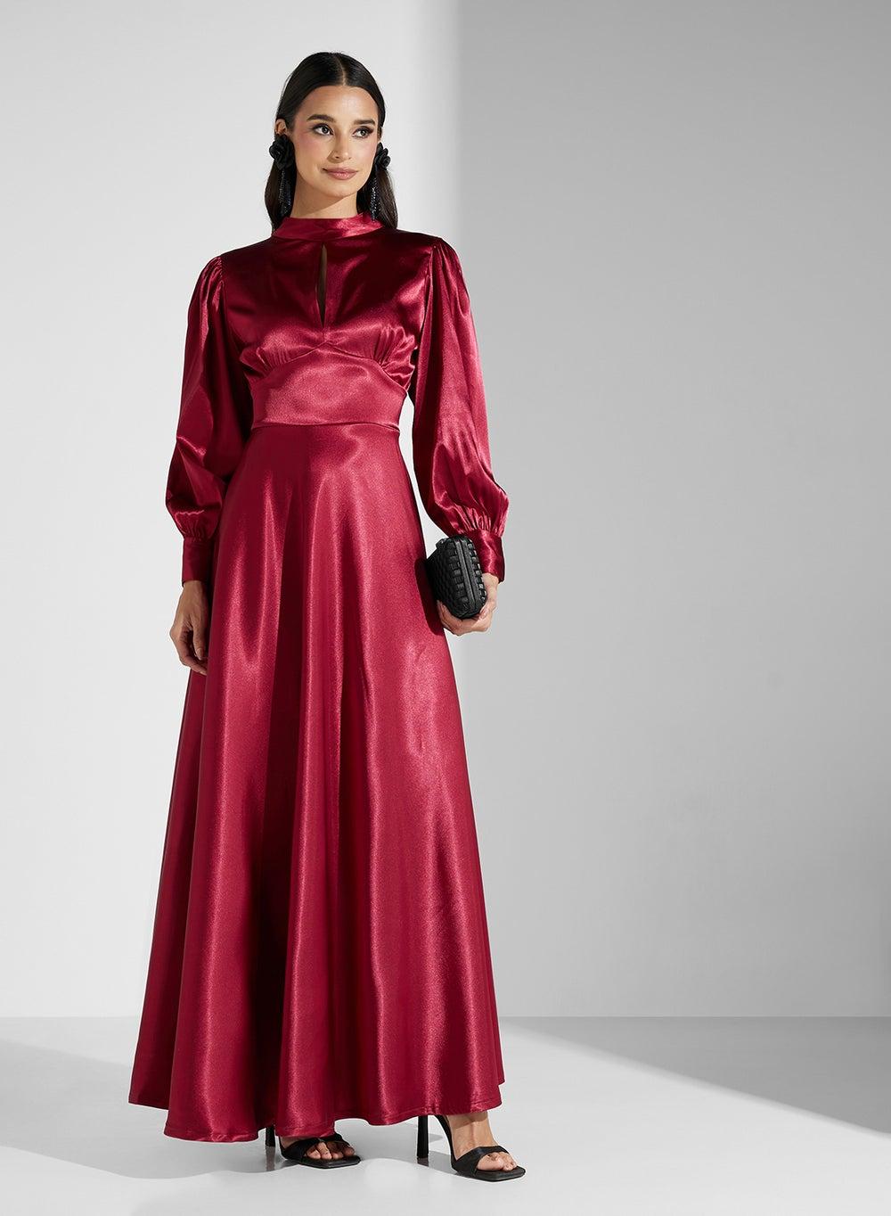 Maroon Satin A-Line Dress with Keyhole Neckline - Image 1