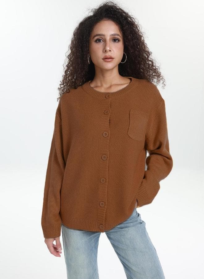 Take Two Plus Size Brown Button Front Knit Cardigan - Image 1