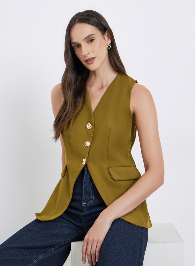 Solid Tailored Sleeveless Buttoned Vest - Image 1