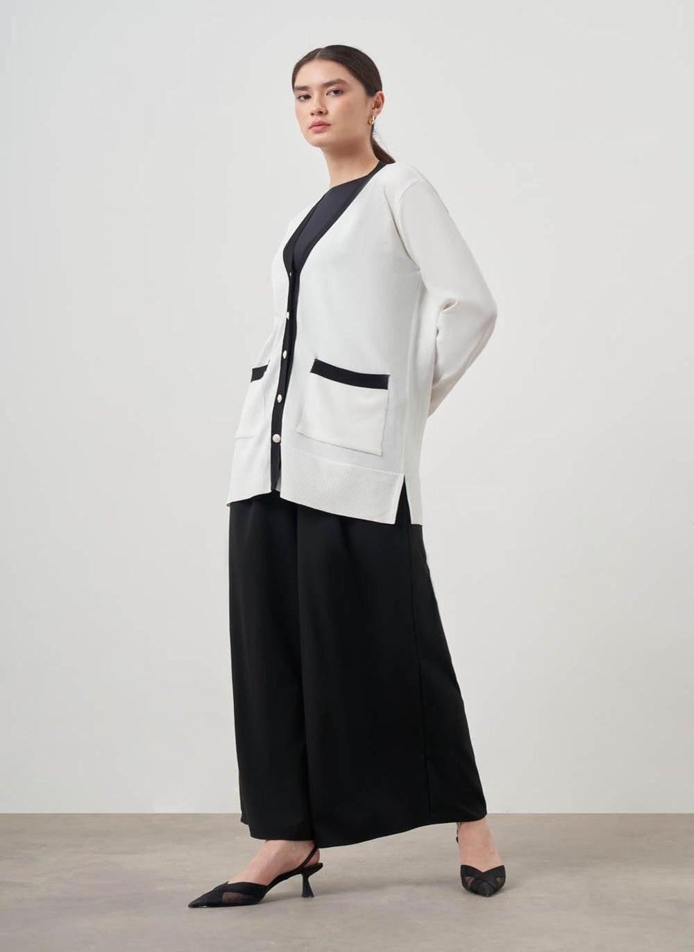 White Striped Rayon Cardigan for Modest Everyday Wear - Image 1