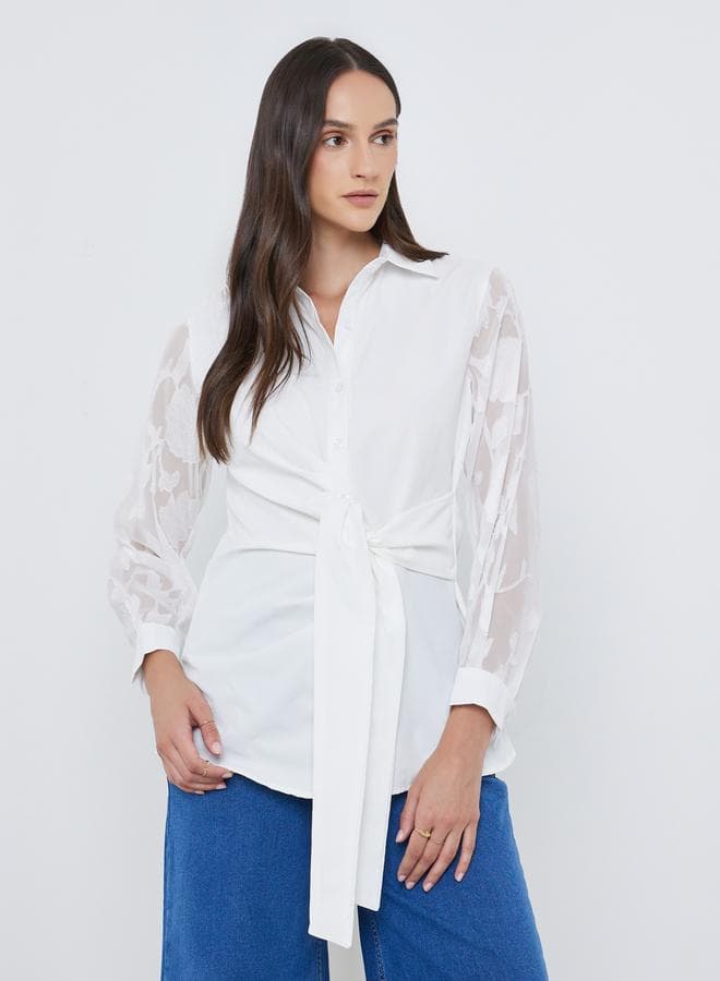 Styli Front Knot Lace Long Sleeve Buttoned Shirt - Image 1