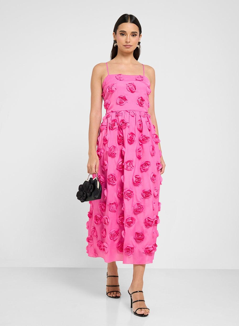 Floral Appliqué Pink Midi Dress - Image 1