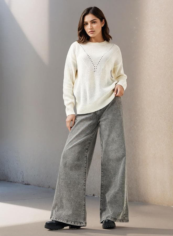 Textured Crew Neck Long Sleeve Sweater - Image 1