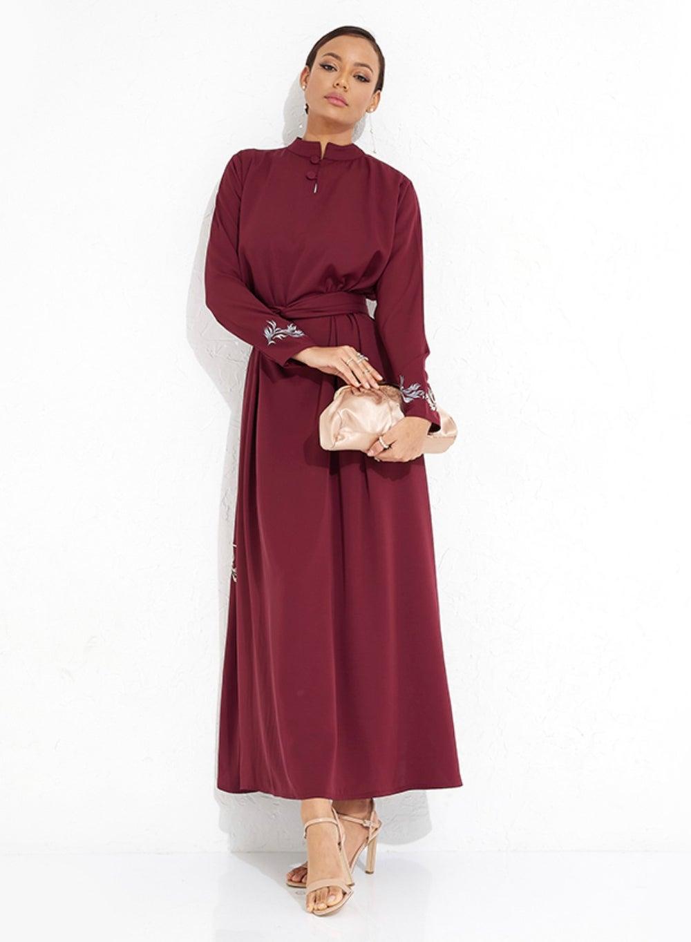 Maroon 1989 Close Dress with Stitching Design - Image 1