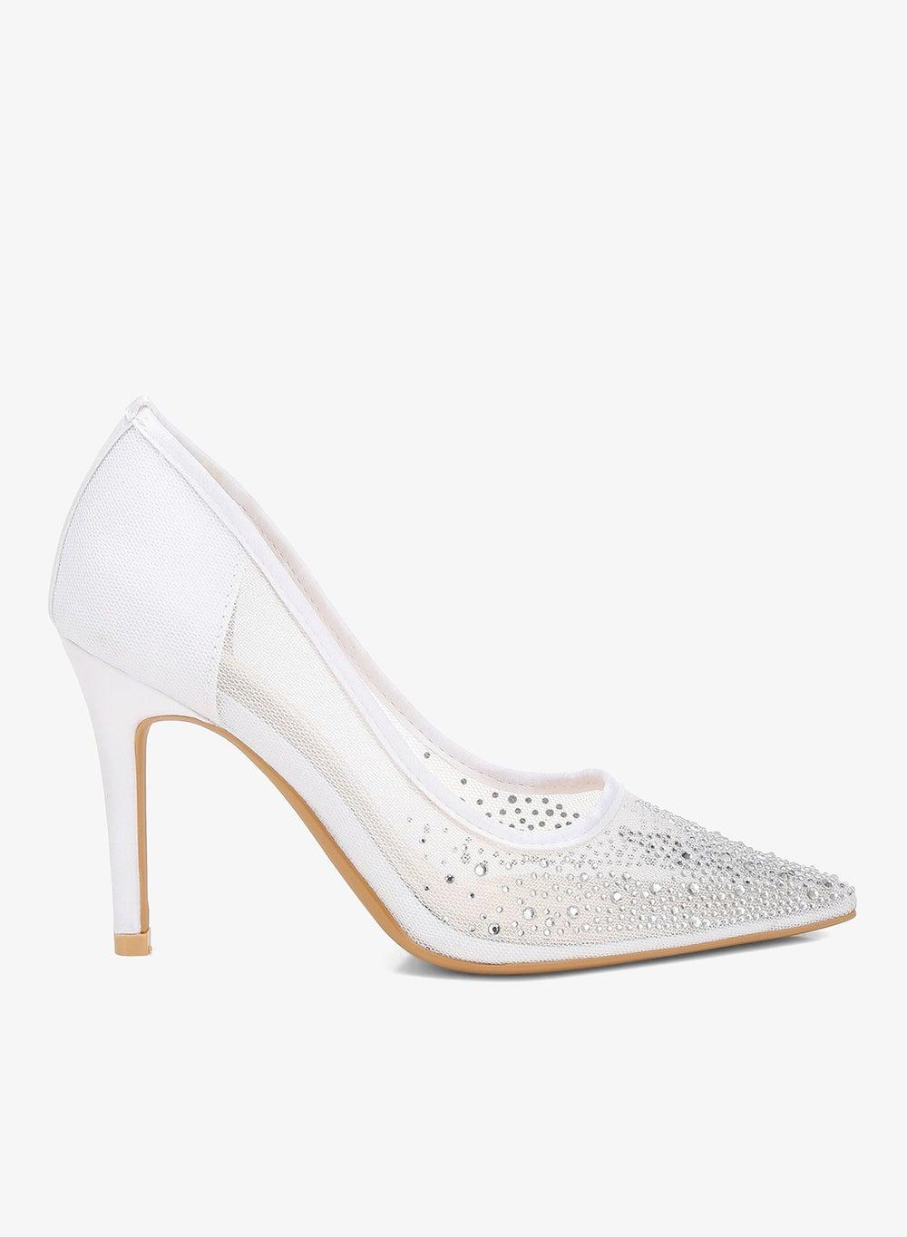White Mesh Rhinestone Stiletto Pumps - Image 1