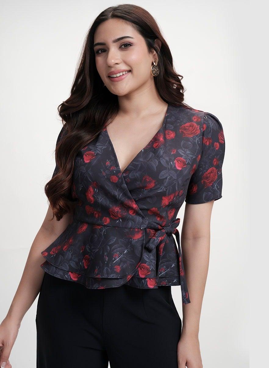Black V-Neck Half Sleeve Printed Peplum Top - Image 1