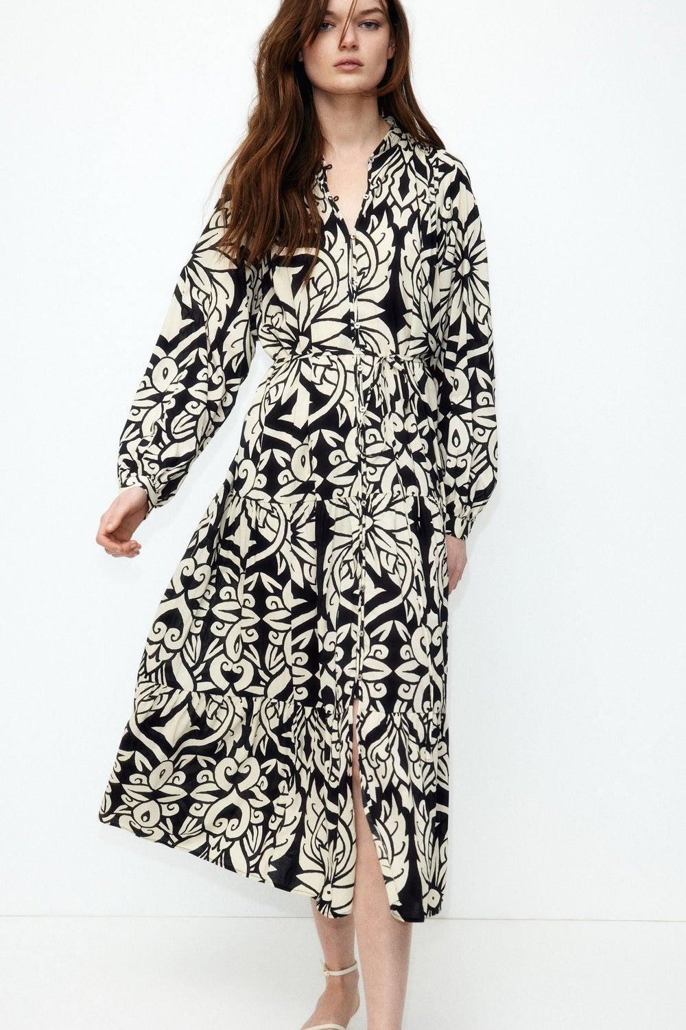Tiered Ankle-Length Dress with Tie Belt - Image 1