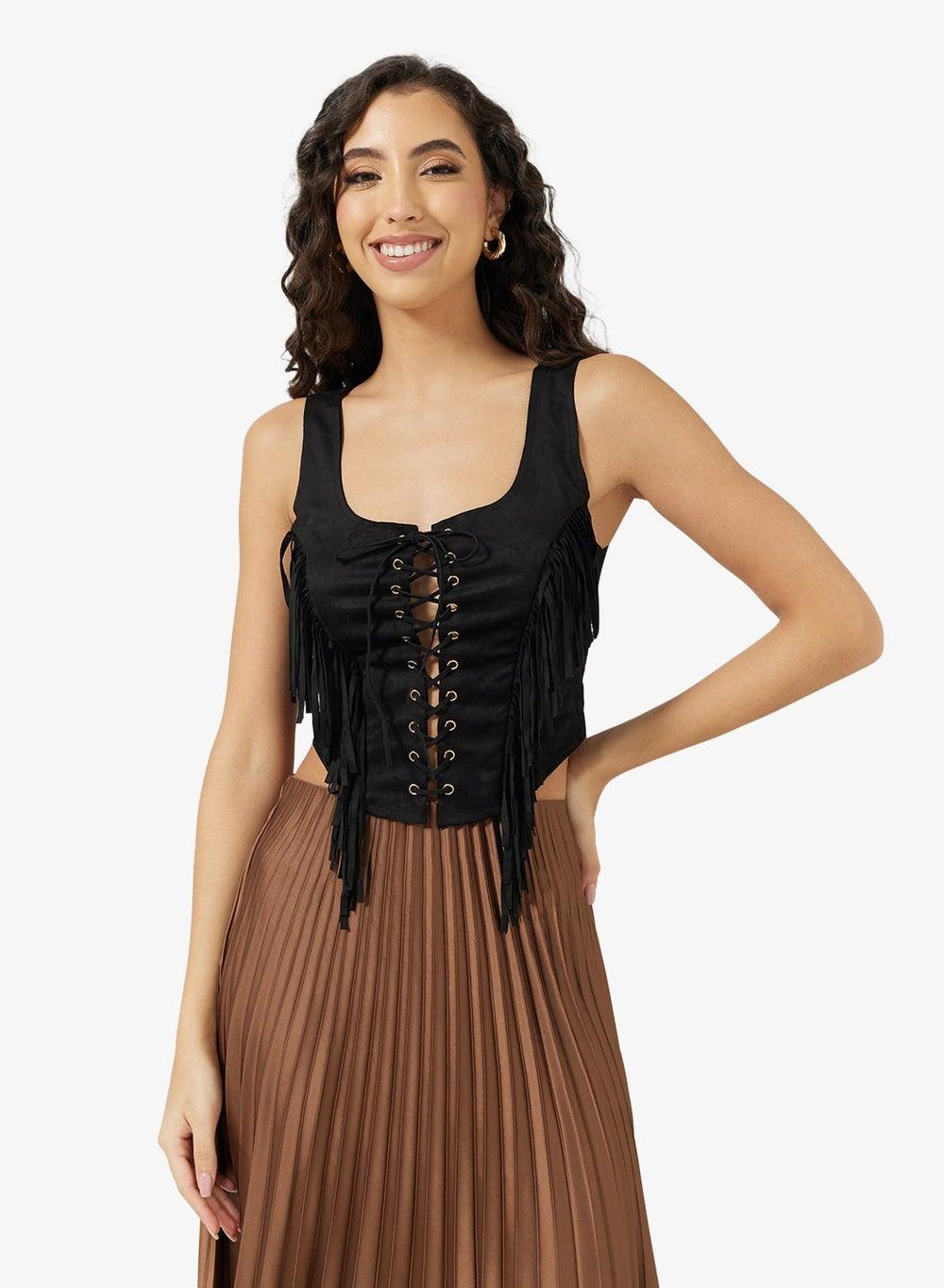 Tie Up Fringe Detail Corset Top - Image 1