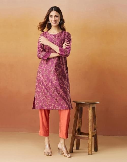 Purple Cotton Silk Hand Block Printed Knee-Length Kurta - Image 1