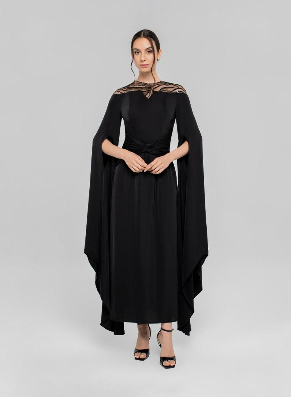 Areej Black Embellished Lace Cape Sleeve Dress - Image 1
