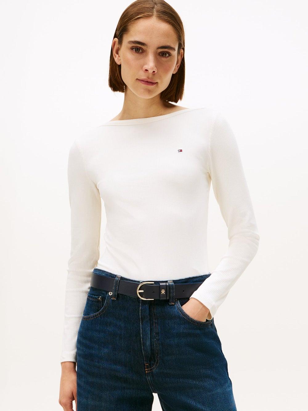 Slim Fit Boat Neck Ribbed Long-Sleeve T-Shirt - Image 1
