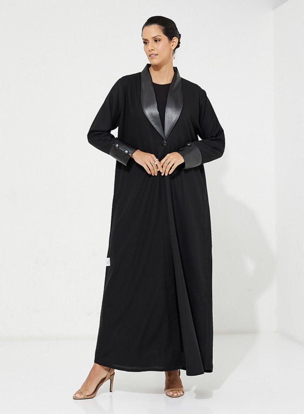Black Leather Open Abaya Jacket - Image 1