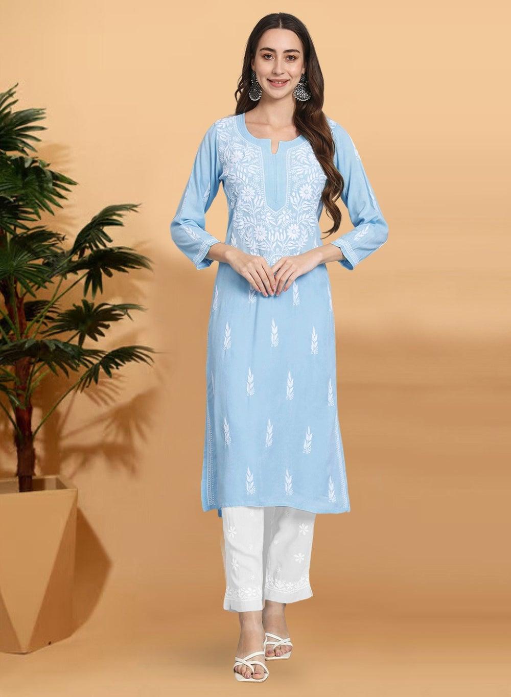 Women Hand Embroidered Chikankari Rayon Kurta AL3451 - Image 1
