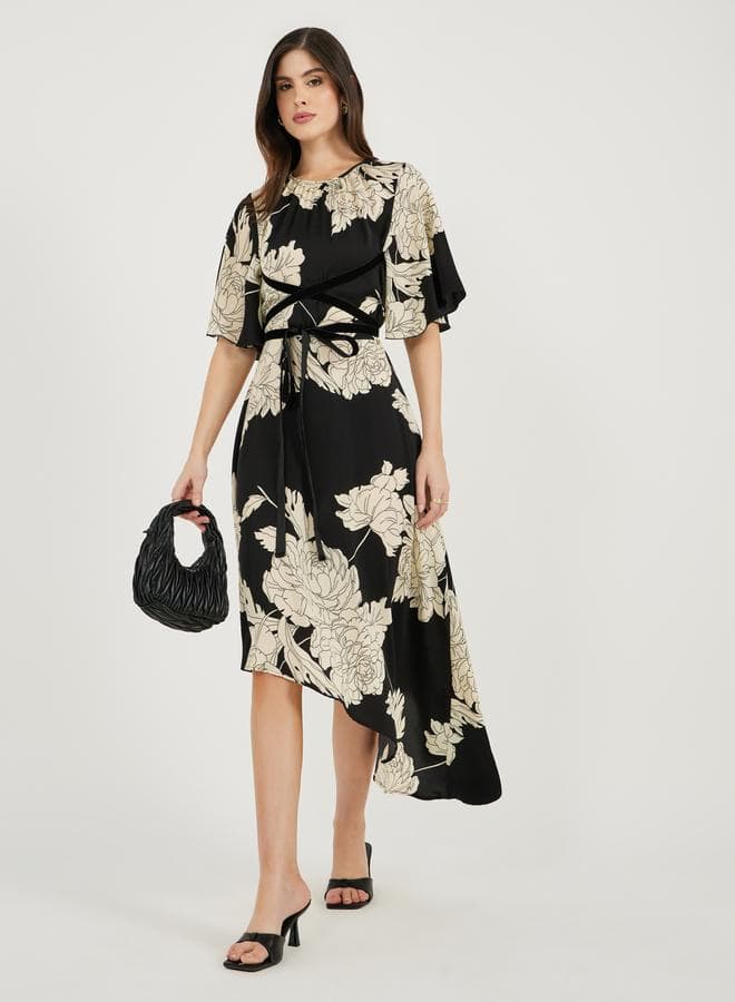 Styli Floral Print Flute Sleeve Midi Dress - Image 1