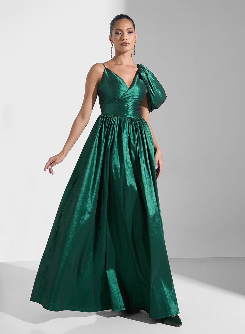 Emerald Satin Floor-Length Gown with Puff Sleeve - Image 1