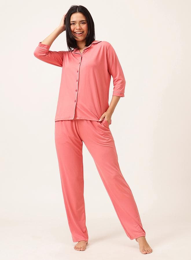 Clovia Solid 3/4 Sleeve Shirt & Pyjama Set - Image 1