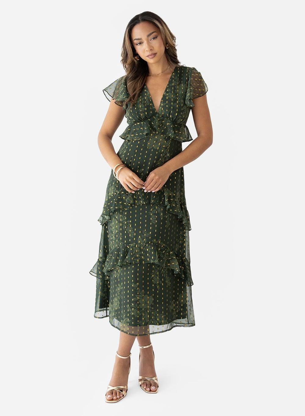 Ruffle Detail V Neck Midi Dress - Image 1