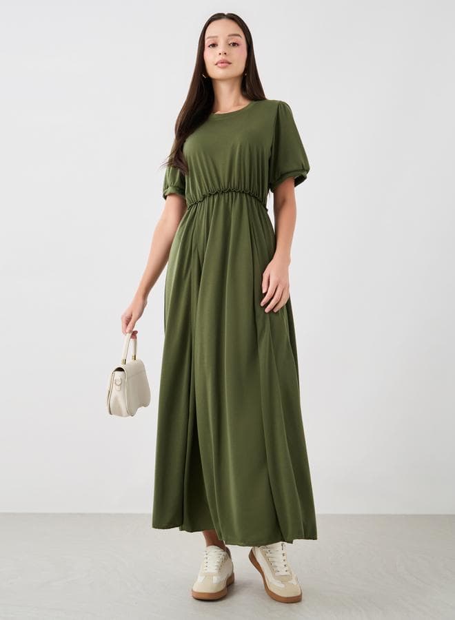 Solid Gathered Detail Puff Sleeve Maxi Dress - Image 1