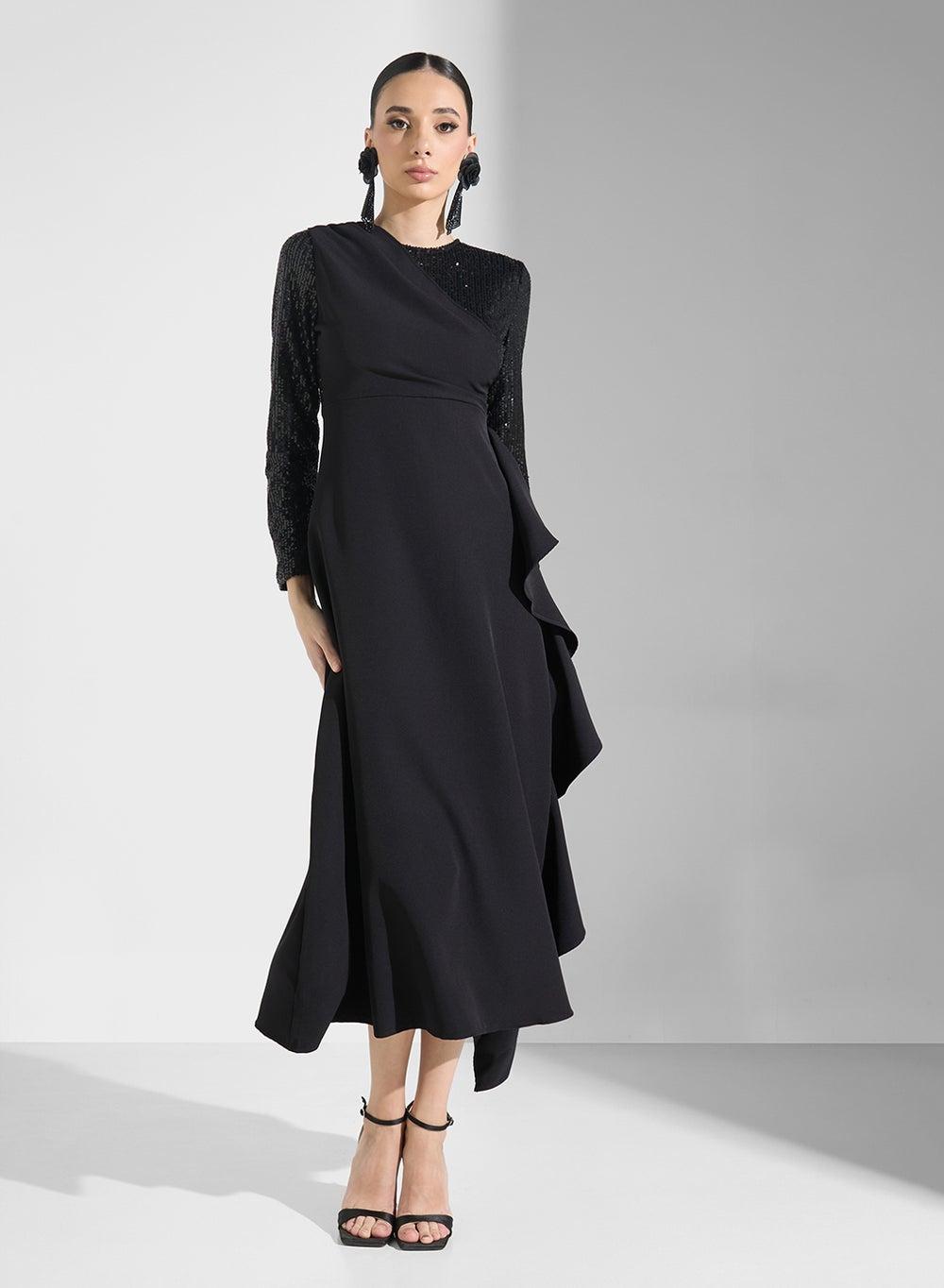 Black Sequin Sleeve Midi Dress with Draped Detail - Image 1