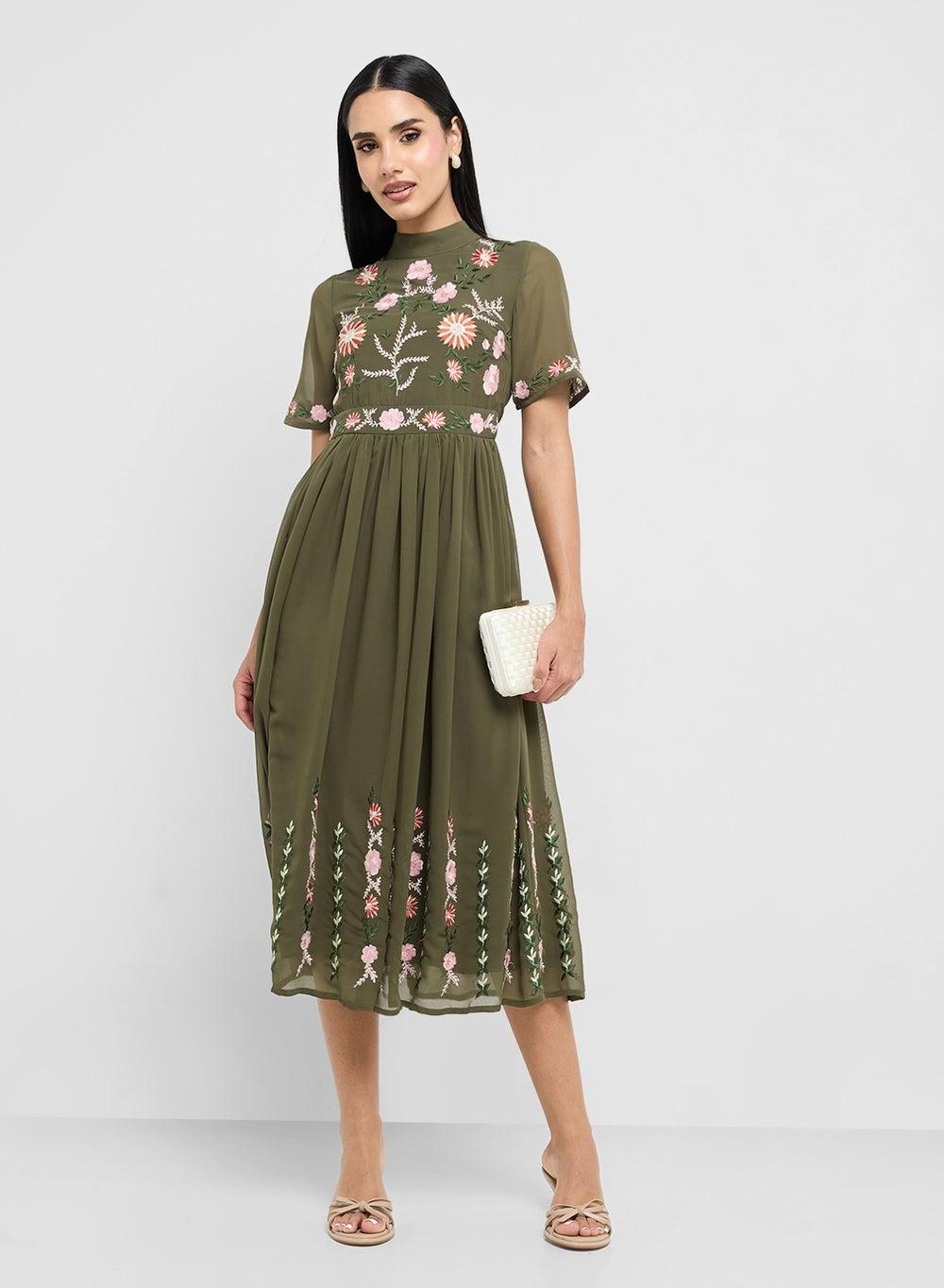 Silvia Embroidered Olive Midi Dress - Image 1