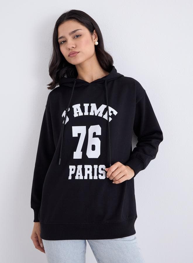 Styli Black Longline Graphic Print Hoodie - Image 1