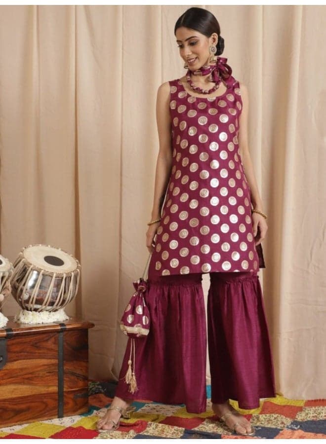 Maroon Foil Print Kurta Sharara Set with Potli & Necklace - Image 1