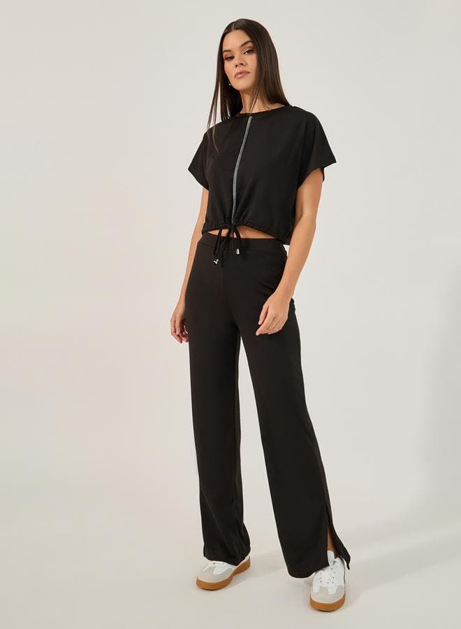 Solid Crop Top and Wide-Leg Pants Set - Image 1