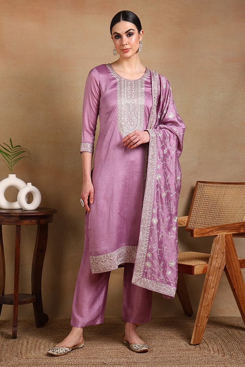 Lavender Silk Blend Embroidered Straight Suit Set - Image 1