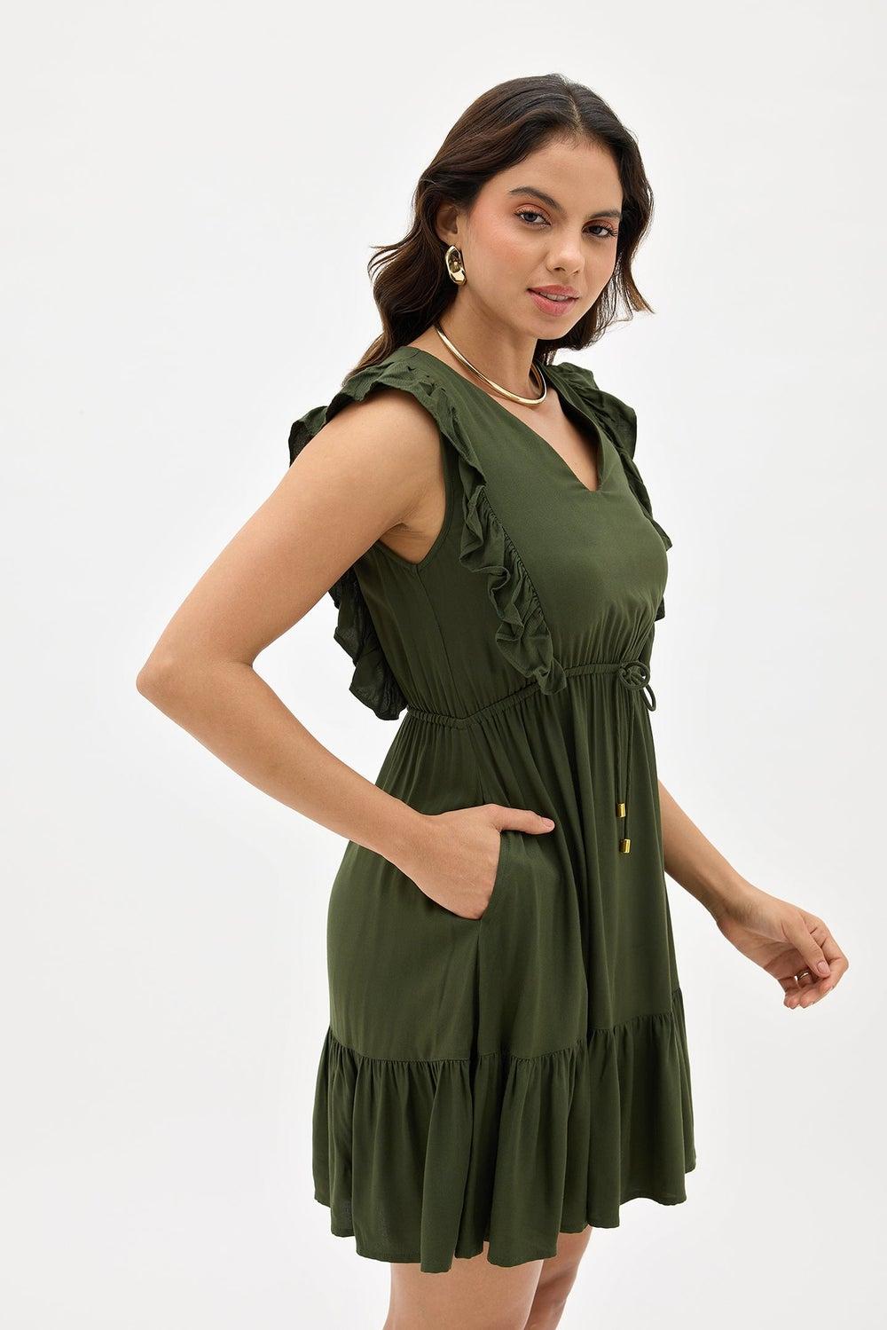 Olive Green Ruffled Tiered Midi Dress - Image 1