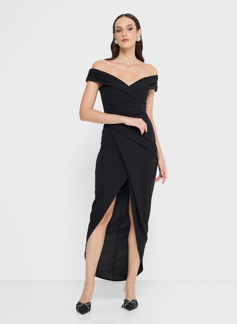 Maxi Side Slit Bardot Wrap Dress - Image 1