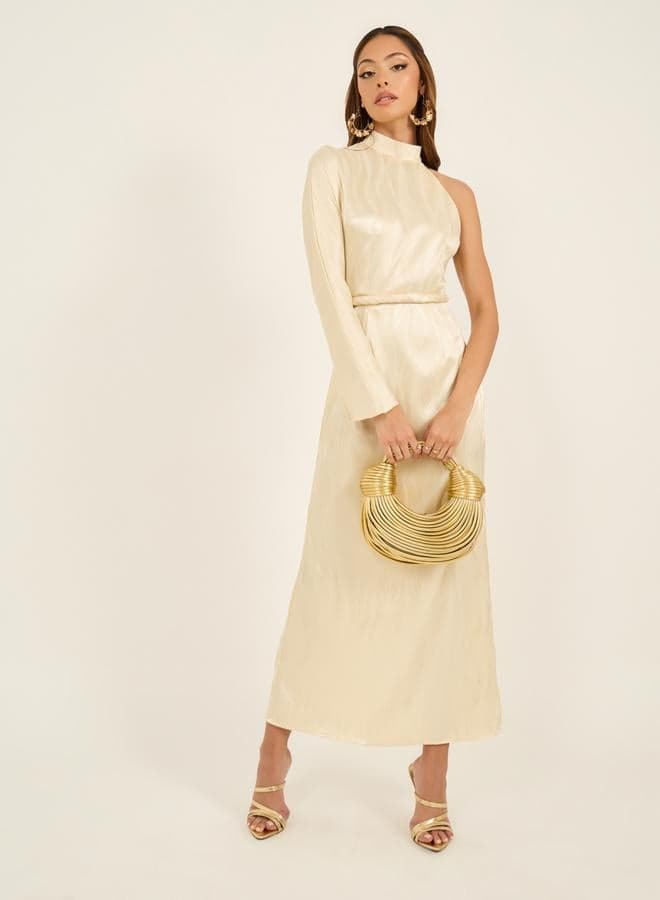 Asymmetric Satin Maxi Dress with One Sleeve - Image 1