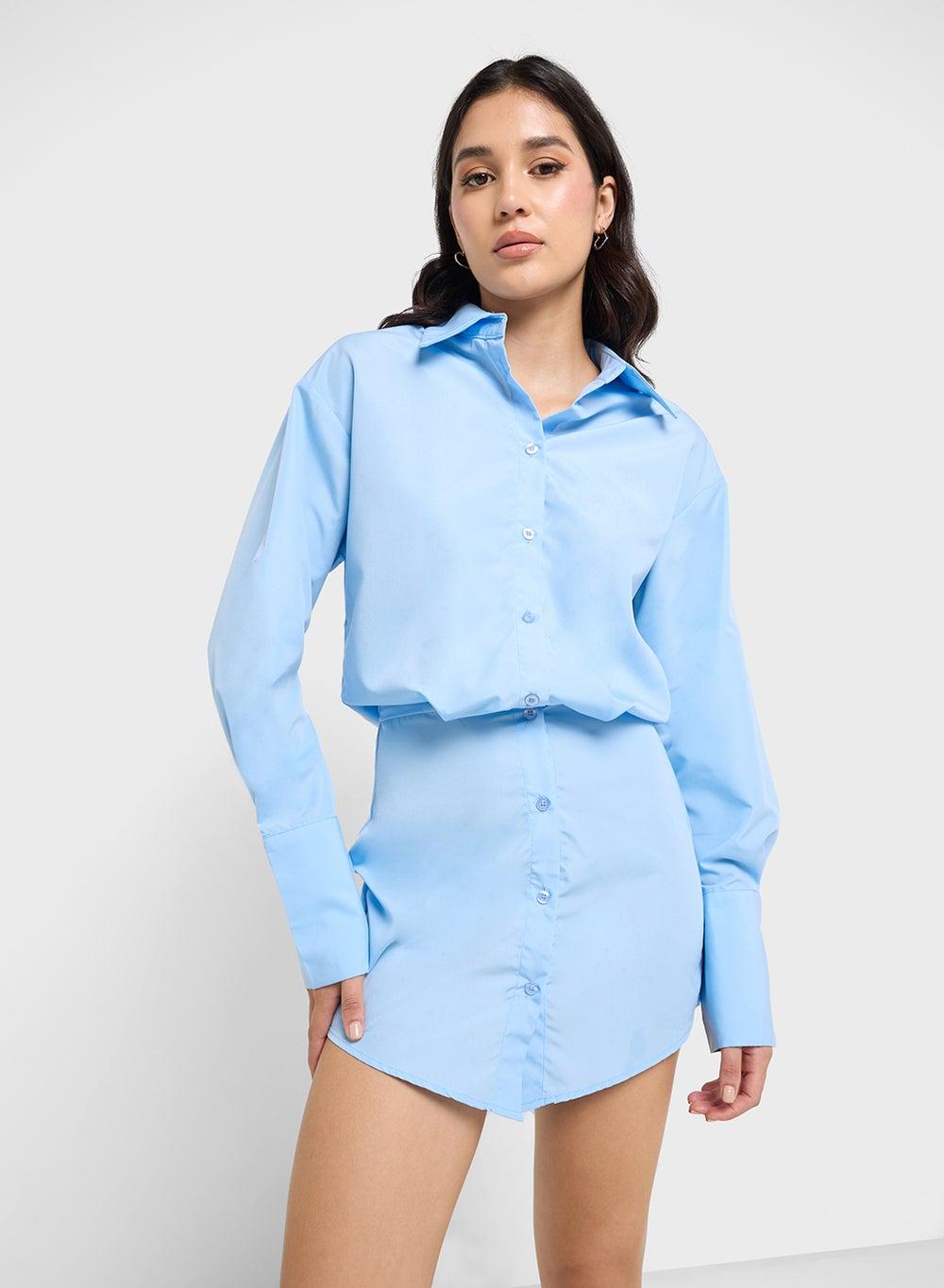 Clinched Waist Button Down Mini Shirt Dress - Image 1