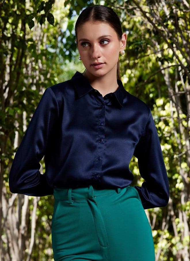 Navy Blue Satin Casual Shirt for Women - Image 1