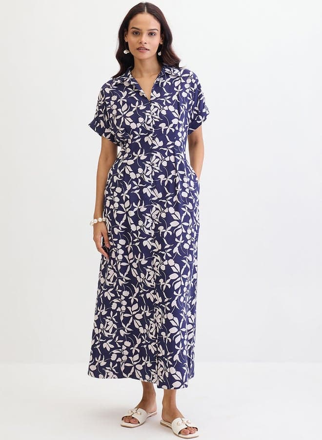 Femmella Blue Floral Print Shirt Maxi Dress - Image 1
