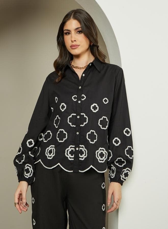 Embroidered Schiffli Balloon Sleeve Collared Shirt - Image 1