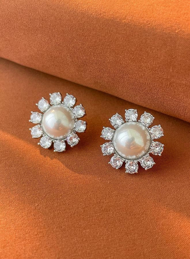 Take Two Silver Floral Embellished Faux Pearl Stud Earrings - Image 1