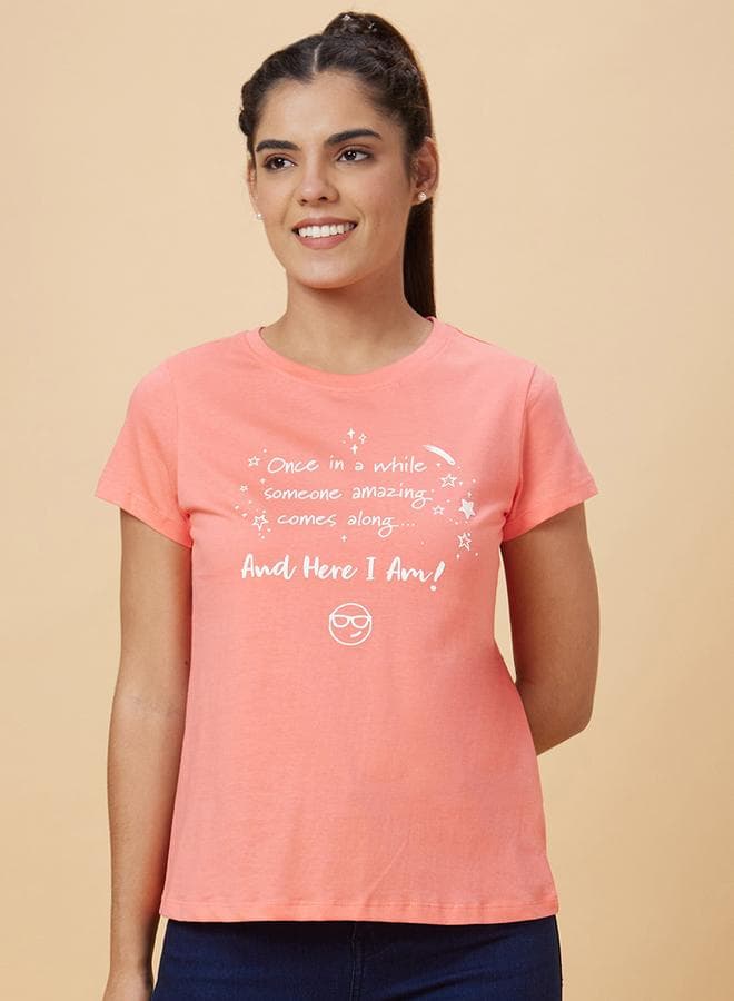 Slogan Print Round Neck Cotton T-Shirt - Image 1