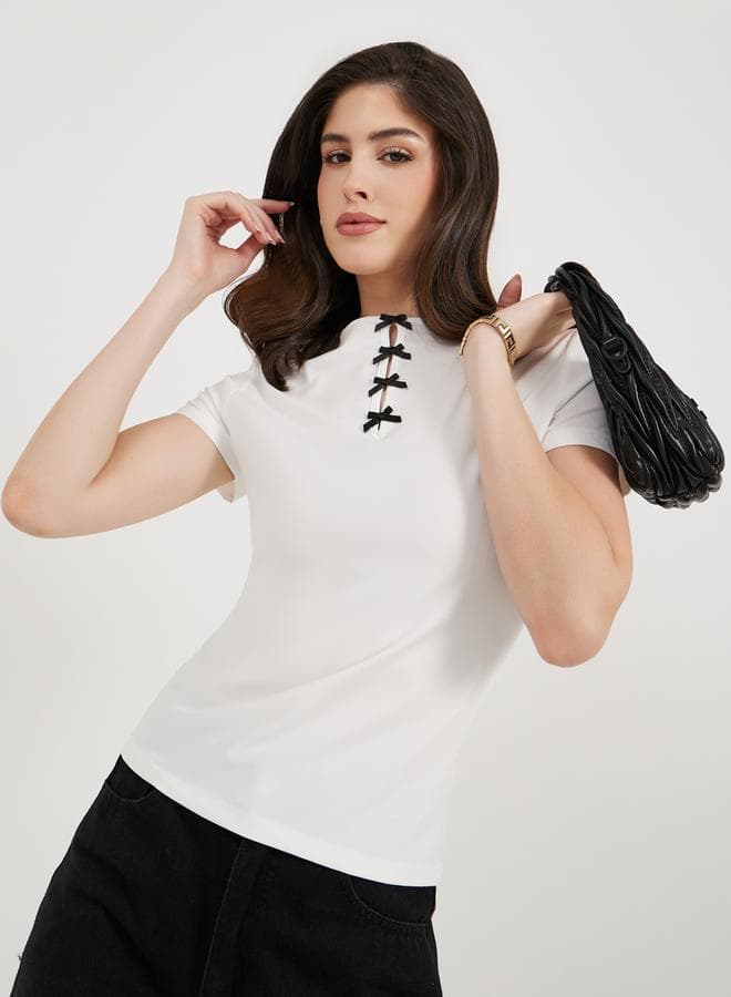 Round Neck Bow Detail Fitted T-Shirt - Image 1