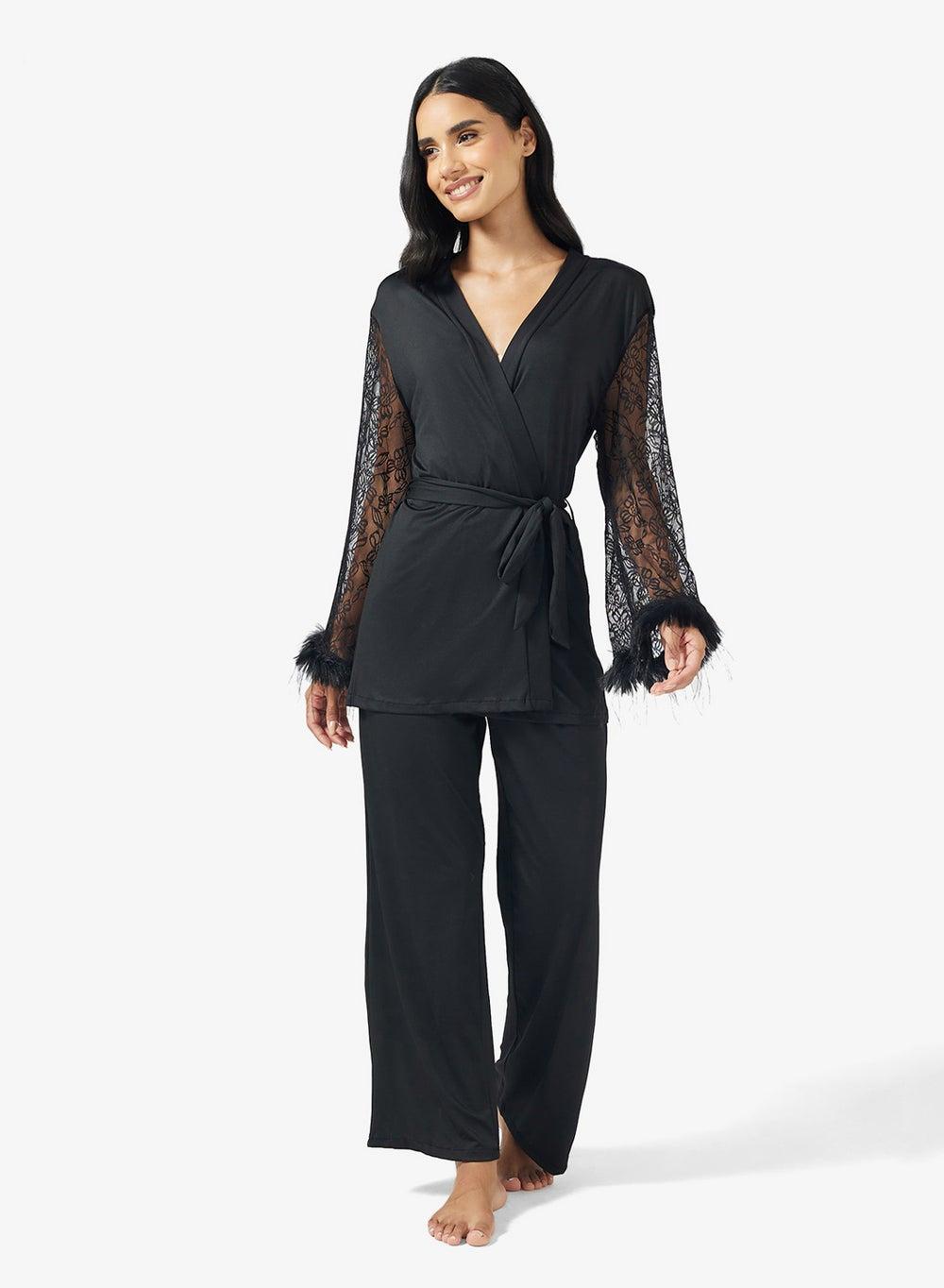 Lace Detail Wrap Around Robe & Pyjama Set - Image 1