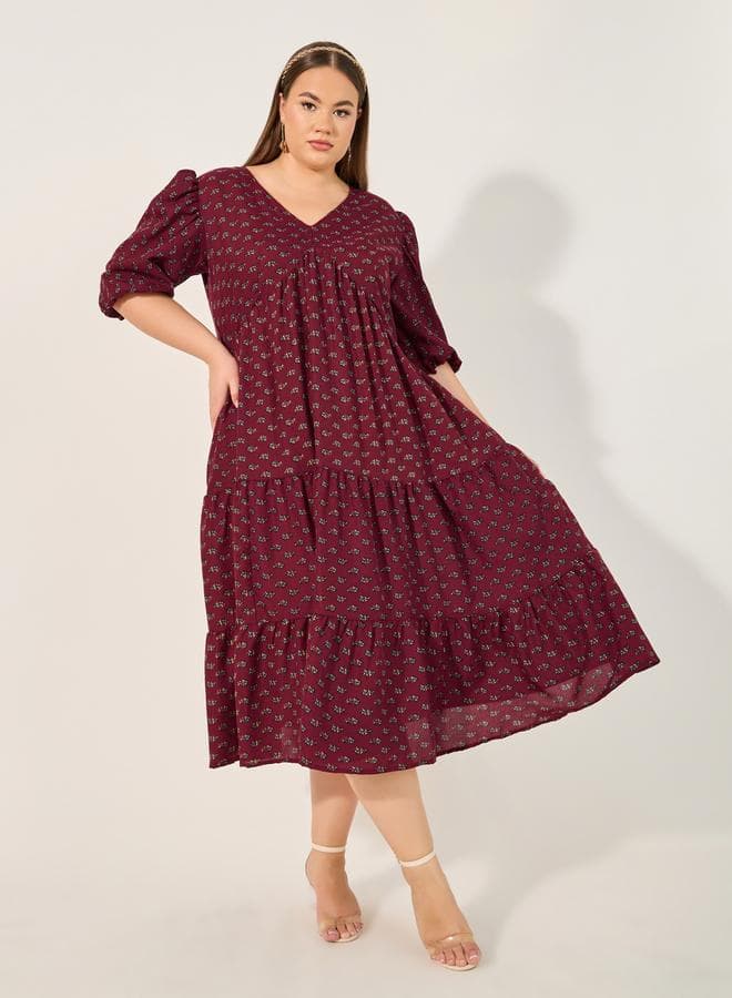 Red Floral Tiered Midi Dress - Image 1