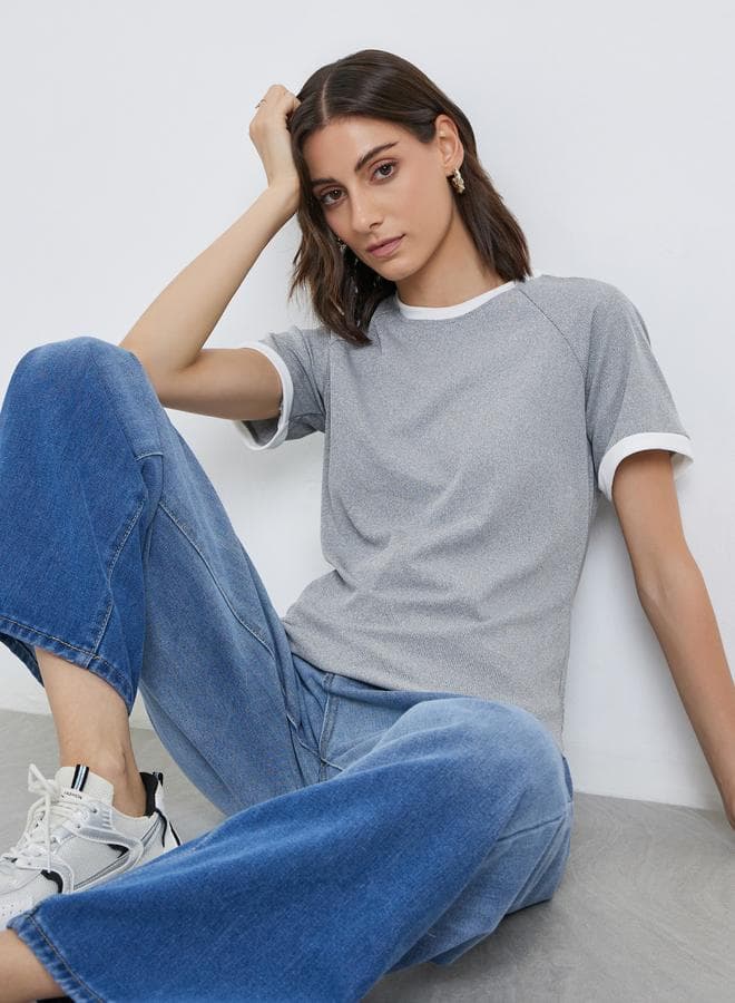 Contrast Trim Ribbed Knit T-Shirt for Women - Image 1