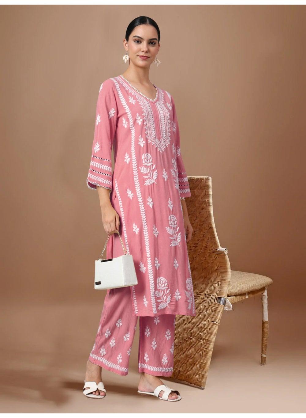 Hand Embroidered Lucknowi Chikankari Rayon Kurta Set AL4078KS - Image 1