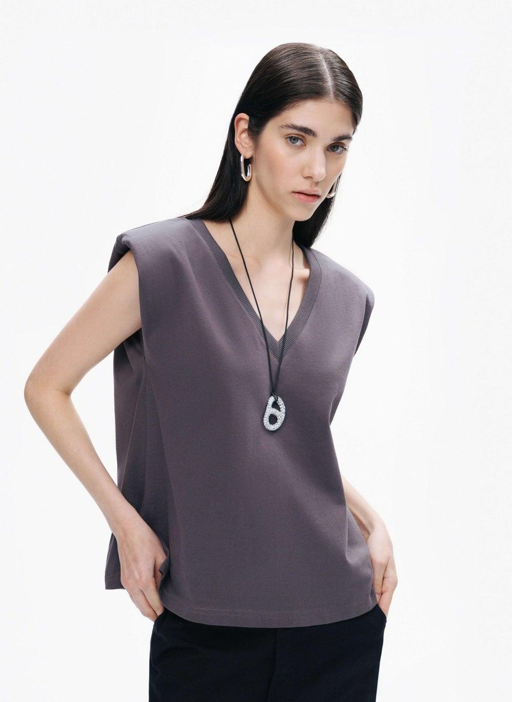 V Neck Padded T-Shirt with Shoulder Pads - Image 1
