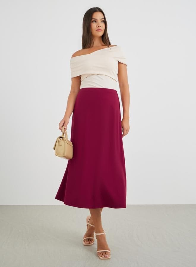 Solid Mid Rise A-Line Midi Skirt - Image 1