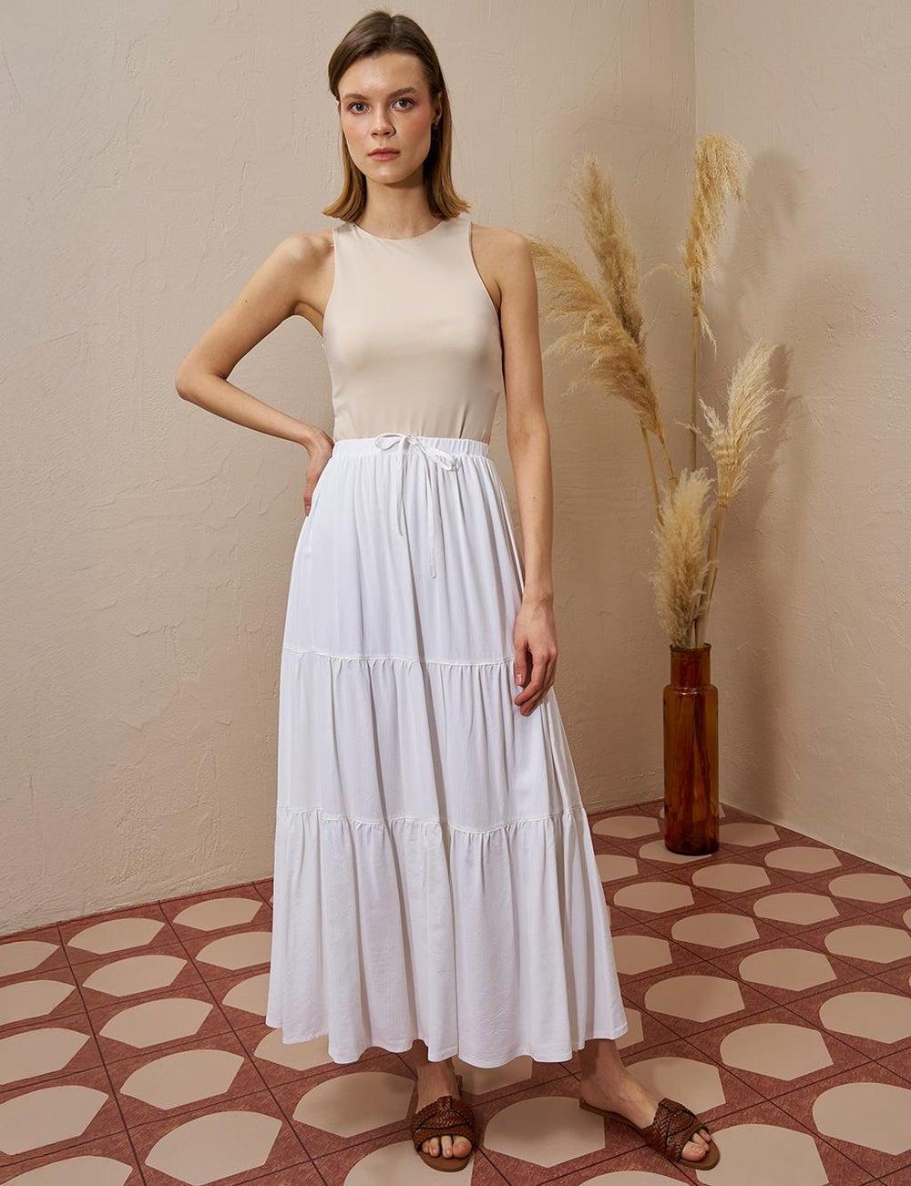 Ecru Layered Hem High-Waist Skirt - Image 1